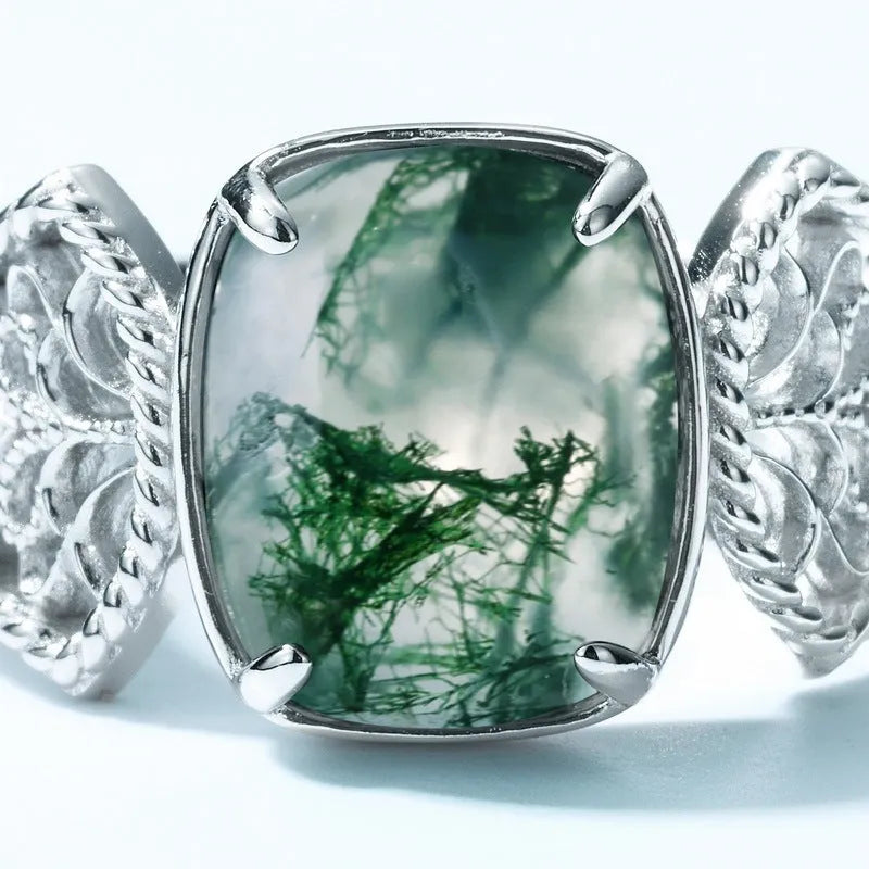 Vv- Information Age Collection: Digital Era Biomorphic Silver Moss Agate Ring Celebrating Earth's Virtual Renaissance - vannveld