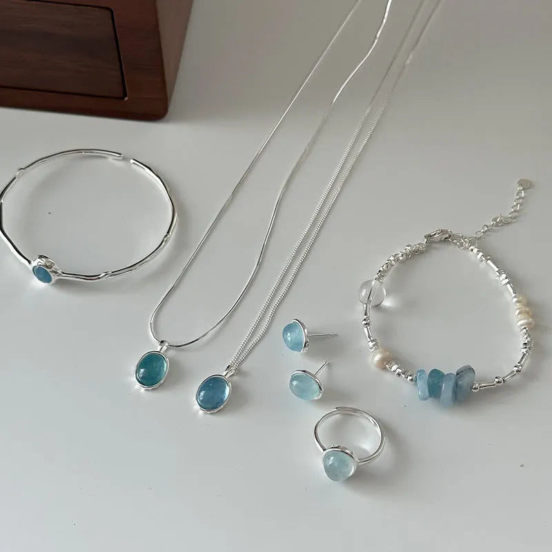 Vv- Space Age Collection: Mercury Mission-Inspired Aquamarine Silver Earth-View Celestial Jewelry Set - vannveld