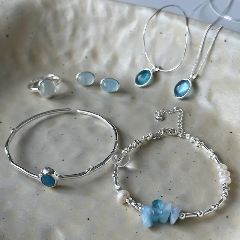 Vv- Space Age Collection: Mercury Mission-Inspired Aquamarine Silver Earth-View Celestial Jewelry Set - vannveld