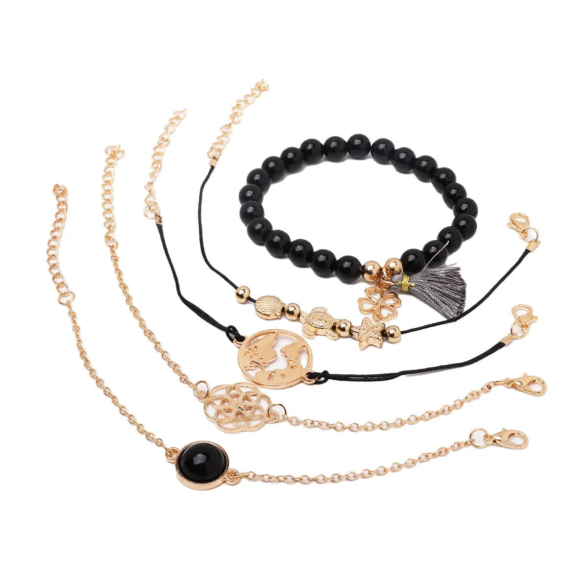 Vv- American Dream Collection: Gatsby Era Lustrous Five-Piece Bracelet Set with Cascading Tassels - vannveld