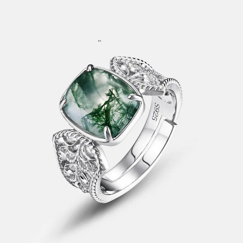 Vv- Information Age Collection: Digital Era Biomorphic Silver Moss Agate Ring Celebrating Earth's Virtual Renaissance - vannveld