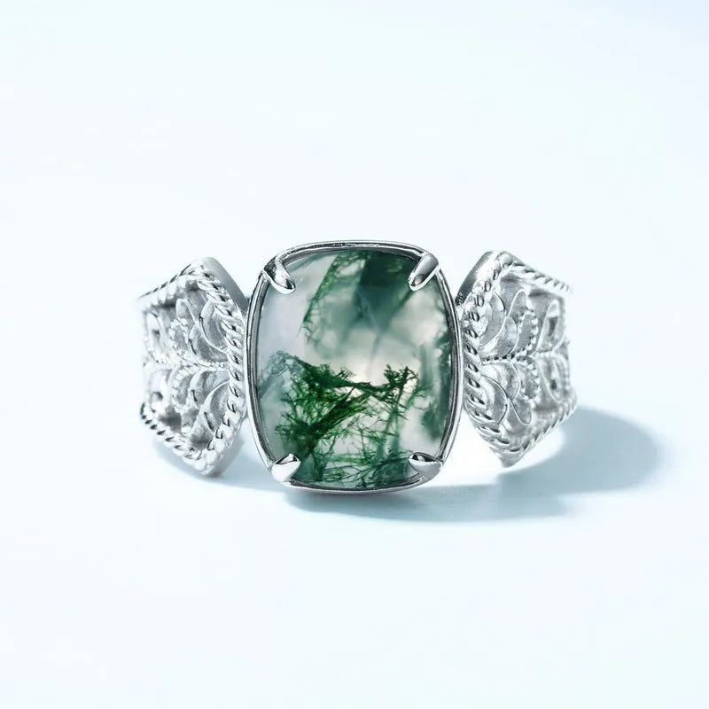 Vv- Information Age Collection: Digital Era Biomorphic Silver Moss Agate Ring Celebrating Earth's Virtual Renaissance - vannveld
