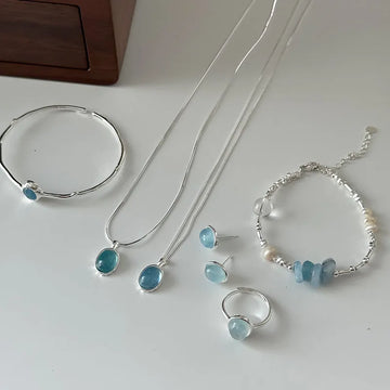 Vv- Space Age Collection: Mercury Mission-Inspired Aquamarine Silver Earth-View Celestial Jewelry Set - vannveld