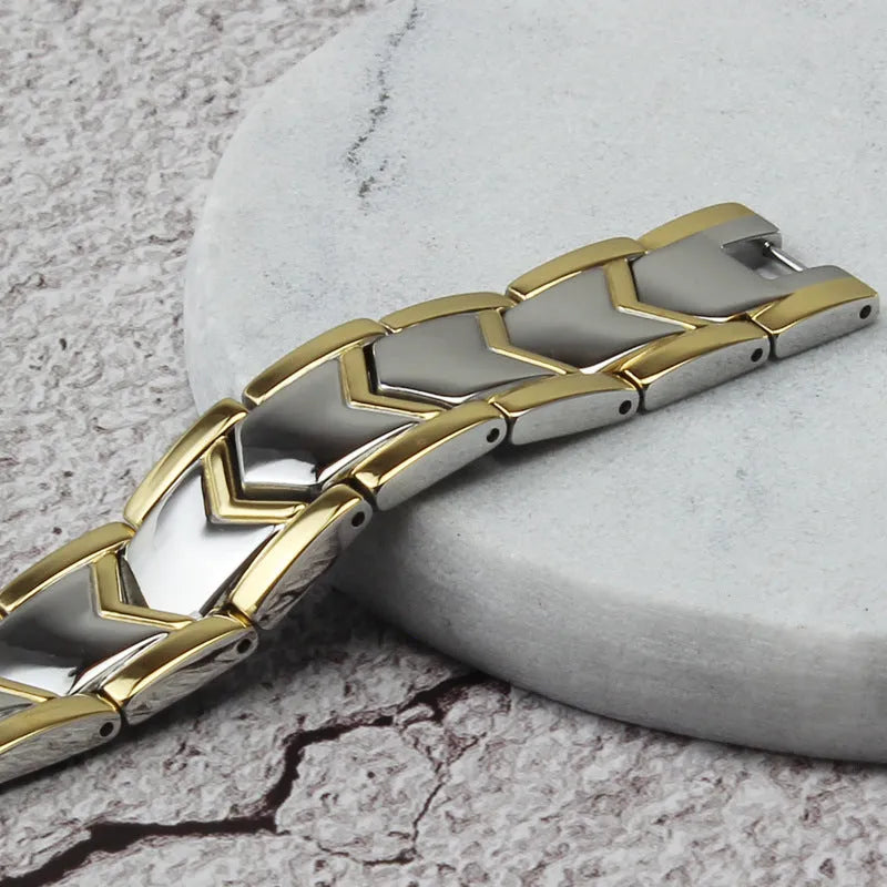 Vv- Space Age Collection: Sputnik-Era Double Titanium Steel Bracelet, Gold-Forged Like Spacecraft Shields - vannveld